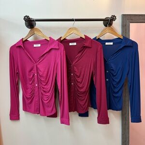NEW! Set of 3 Zenana Women's Ruched front Button Down Shirts